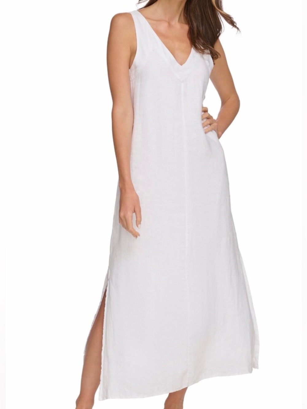 🆕DKNY Pure White Linen Maxi Dress Sleeveless Side Slit Summer Dress Size S Chic